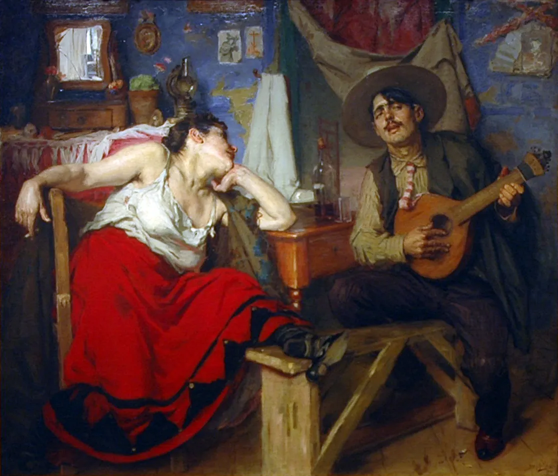 Oil painting of a seated man in a wide-brimmed hat playing a guitar-like instrument beside a woman in a red skirt resting her head on her hand, in a cramped blue room